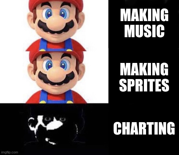 fnf modding be like | MAKING MUSIC; MAKING SPRITES; CHARTING | image tagged in mario dark three panel | made w/ Imgflip meme maker