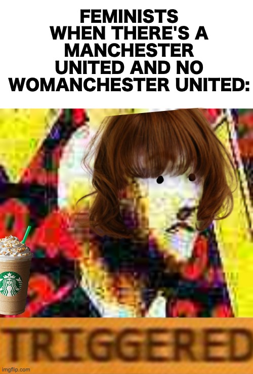 haha, feminist joke | FEMINISTS WHEN THERE'S A MANCHESTER UNITED AND NO WOMANCHESTER UNITED: | image tagged in blank white template,meme man is triggered,memes | made w/ Imgflip meme maker