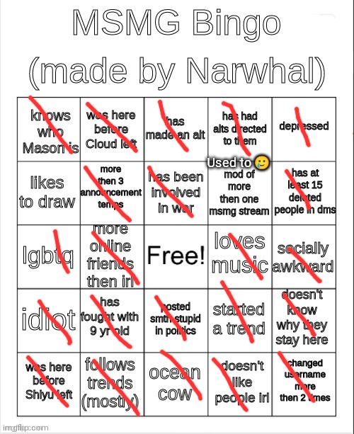 Don't remember when I made this but ik I don't regret it | Used to 🥲 | image tagged in msmg bingo | made w/ Imgflip meme maker