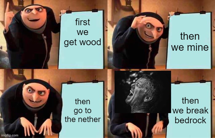 Gru's Plan Meme | first we get wood; then we mine; then go to the nether; then we break bedrock | image tagged in memes,gru's plan | made w/ Imgflip meme maker