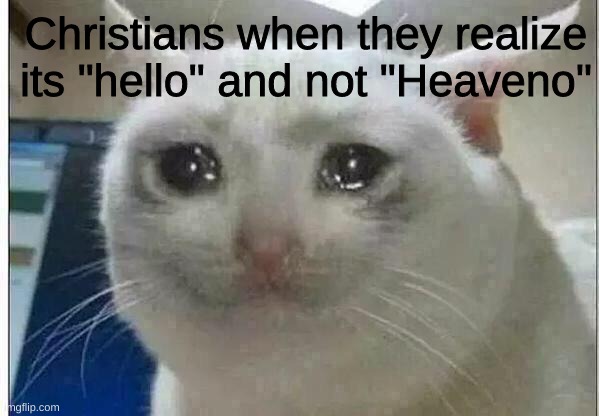 Oh shoot. most of us are going to meet satan =| | Christians when they realize its "hello" and not "Heaveno" | image tagged in crying cat | made w/ Imgflip meme maker