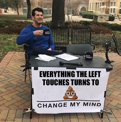 Name one thing that hasn’t | EVERYTHING THE LEFT 
TOUCHES TURNS TO; 💩 | image tagged in change my mind | made w/ Imgflip meme maker