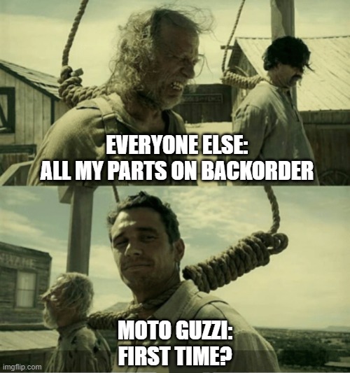 first time guzzi parts | EVERYONE ELSE:
ALL MY PARTS ON BACKORDER; MOTO GUZZI:
FIRST TIME? | image tagged in first time buster scruggs james franco hanging alternate | made w/ Imgflip meme maker