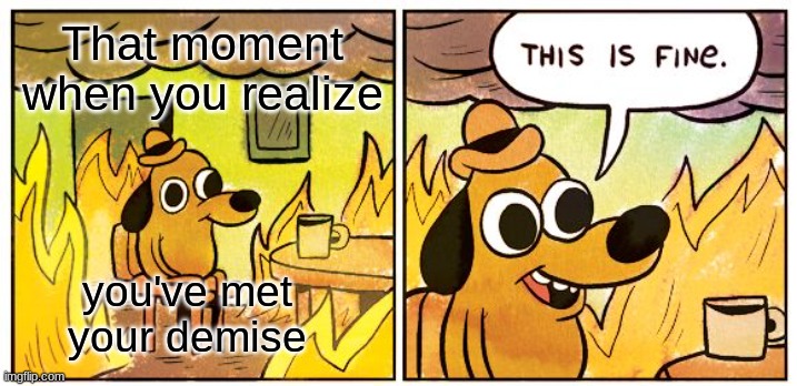 This Is Fine | That moment when you realize; you've met your demise | image tagged in memes,this is fine | made w/ Imgflip meme maker