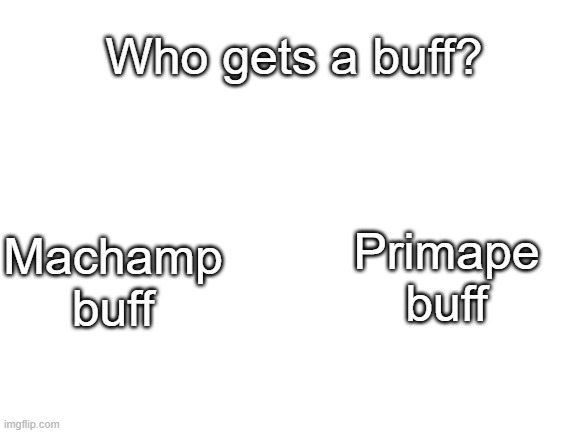 A 10-20 stat point buff | Who gets a buff? Machamp buff; Primape buff | image tagged in blank white template,pokemon,discussion | made w/ Imgflip meme maker