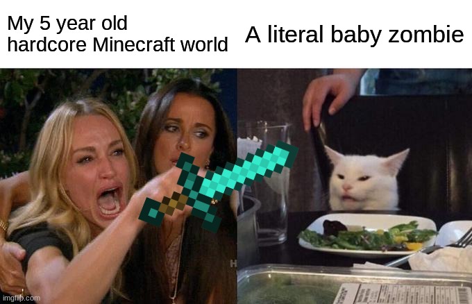 Bruh |  My 5 year old hardcore Minecraft world; A literal baby zombie | image tagged in memes,woman yelling at cat,minecraft,hardcore | made w/ Imgflip meme maker