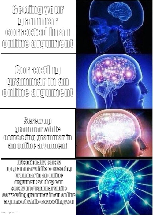 The grammar corrections is very complicated | Getting your grammar corrected in an online argument; Correcting grammar in an online argument; Screw up grammar while correcting grammar in an online argument; Intentionally screw up grammar while correcting grammar in an online argument so they can screw up grammar while correcting grammar in an online argument while correcting you | image tagged in memes,expanding brain | made w/ Imgflip meme maker