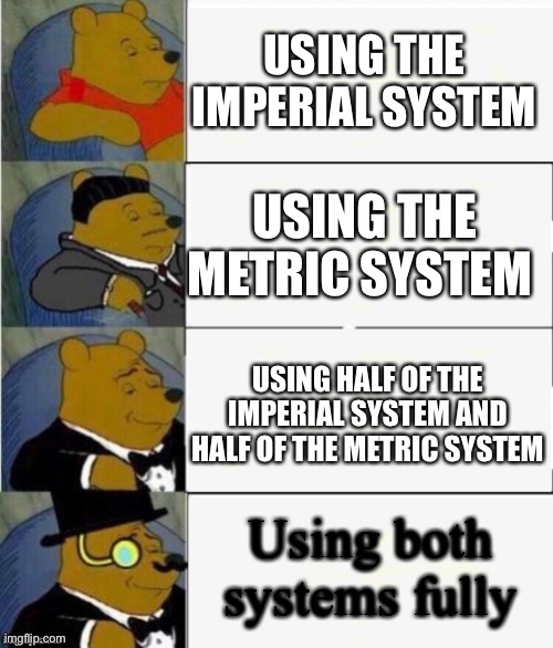 Tuxedo Winnie the Pooh 4 panel | USING THE IMPERIAL SYSTEM; USING THE METRIC SYSTEM; USING HALF OF THE IMPERIAL SYSTEM AND HALF OF THE METRIC SYSTEM; Using both systems fully | image tagged in tuxedo winnie the pooh 4 panel | made w/ Imgflip meme maker