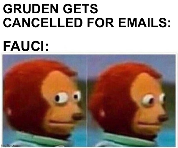 Fauci lied | GRUDEN GETS CANCELLED FOR EMAILS:; FAUCI: | image tagged in memes,monkey puppet,fauci | made w/ Imgflip meme maker