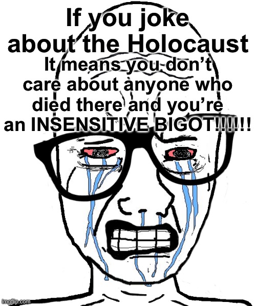 Wojak Crying | If you joke about the Holocaust It means you don’t care about anyone who died there and you’re an INSENSITIVE BIGOT!!!!!! | image tagged in wojak crying | made w/ Imgflip meme maker