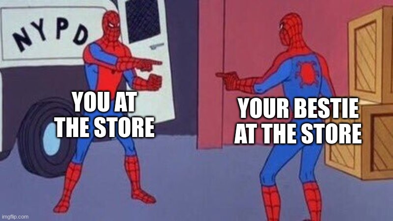 the store | YOU AT THE STORE; YOUR BESTIE AT THE STORE | image tagged in spiderman pointing at spiderman | made w/ Imgflip meme maker