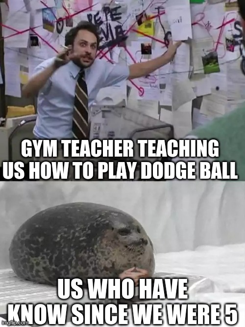 huh | GYM TEACHER TEACHING US HOW TO PLAY DODGE BALL; US WHO HAVE KNOW SINCE WE WERE 5 | image tagged in man explaining to seal | made w/ Imgflip meme maker