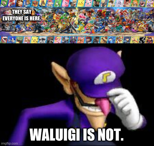 Why? | THEY SAY EVERYONE IS HERE. WALUIGI IS NOT. | image tagged in everyone is here,waluigi sad,super smash bros | made w/ Imgflip meme maker