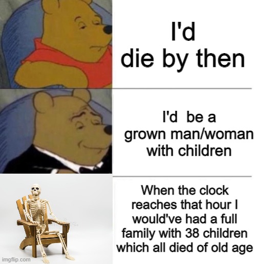 such a long period of time | I'd die by then; I'd  be a grown man/woman with children; When the clock reaches that hour I would've had a full family with 38 children which all died of old age | image tagged in tuxedo winnie the pooh 3 panel | made w/ Imgflip meme maker