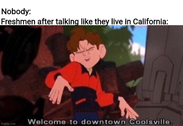 If your a freshmen and talk like this, please stop, it's annoying | Nobody:; Freshmen after talking like they live in California: | image tagged in welcome to downtown coolsville | made w/ Imgflip meme maker