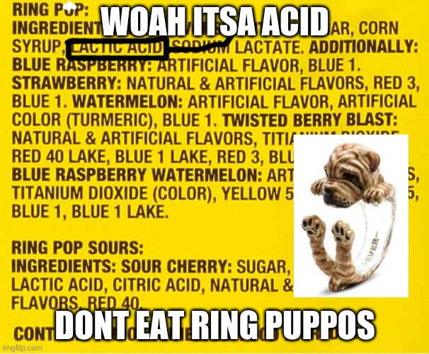 Ring puppos | WOAH ITSA ACID; DONT EAT RING PUPPOS | image tagged in doggo | made w/ Imgflip meme maker