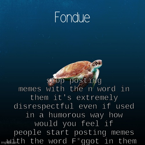 Stop the racist shit | stop posting memes with the n word in them it's extremely disrespectful even if used in a humorous way how would you feel if people start posting memes with the word F*ggot in them | image tagged in turtle template-fondue | made w/ Imgflip meme maker