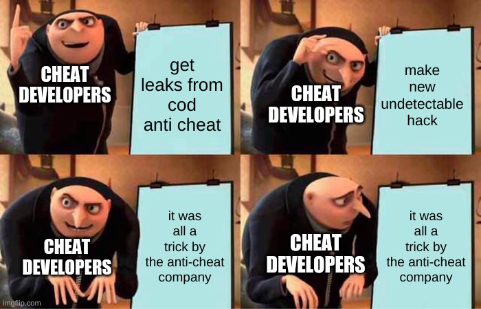 Gru's Plan Meme | make new undetectable hack; get leaks from cod anti cheat; CHEAT DEVELOPERS; CHEAT DEVELOPERS; it was all a trick by the anti-cheat company; it was all a trick by the anti-cheat company; CHEAT DEVELOPERS; CHEAT DEVELOPERS | image tagged in memes,gru's plan | made w/ Imgflip meme maker
