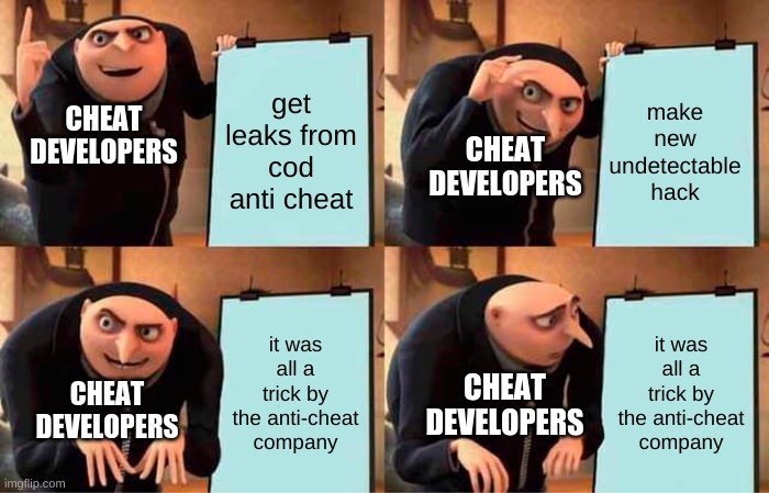 Gru's Plan | make new undetectable hack; get leaks from cod anti cheat; CHEAT DEVELOPERS; CHEAT DEVELOPERS; it was all a trick by the anti-cheat company; it was all a trick by the anti-cheat company; CHEAT DEVELOPERS; CHEAT DEVELOPERS | image tagged in memes,gru's plan | made w/ Imgflip meme maker