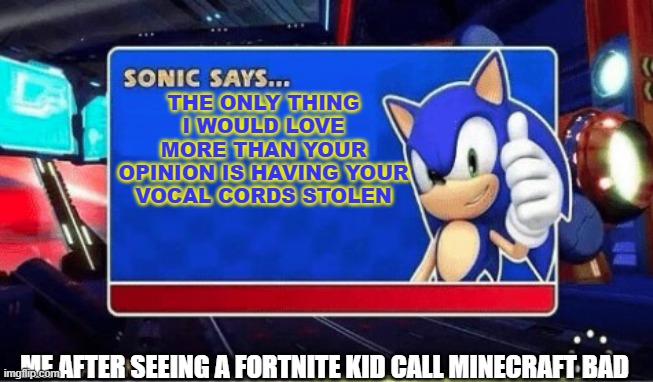 children go brrrr | THE ONLY THING I WOULD LOVE MORE THAN YOUR OPINION IS HAVING YOUR VOCAL CORDS STOLEN; ME AFTER SEEING A FORTNITE KID CALL MINECRAFT BAD | image tagged in sonic says,fortnite sucks | made w/ Imgflip meme maker