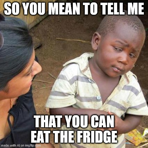 i love the random meme generator | SO YOU MEAN TO TELL ME; THAT YOU CAN EAT THE FRIDGE | image tagged in memes,third world skeptical kid | made w/ Imgflip meme maker