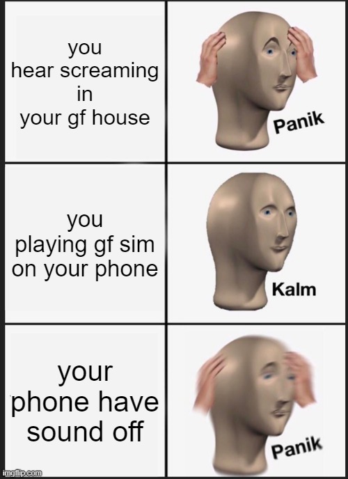 Panik Kalm Panik | you hear screaming in your gf house; you playing gf sim on your phone; your phone have sound off | image tagged in memes,panik kalm panik | made w/ Imgflip meme maker