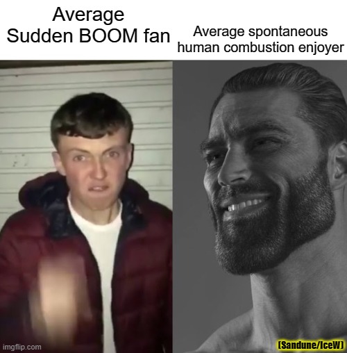 Which are you? | Average spontaneous human combustion enjoyer; Average Sudden BOOM fan; (Sandune/IceW) | image tagged in average fan vs average enjoyer | made w/ Imgflip meme maker