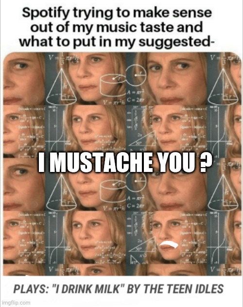 Spotify trying to make sense of my music taste | I MUSTACHE YOU ? | image tagged in music,punk,spotify,mustache,milk,math lady/confused lady | made w/ Imgflip meme maker