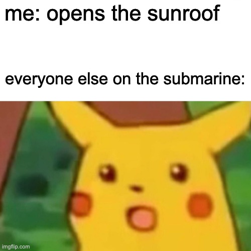 i like sunroofs | me: opens the sunroof; everyone else on the submarine: | image tagged in memes,surprised pikachu | made w/ Imgflip meme maker