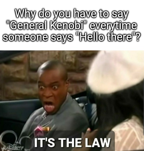 It's the law | Why do you have to say "General Kenobi" everytime someone says "Hello there"? | image tagged in it's the law,hello there | made w/ Imgflip meme maker
