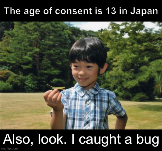 The age of consent is 13 in Japan Also, look. I caught a bug | made w/ Imgflip meme maker