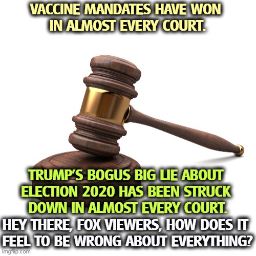 Yes, vaccinations can be made a requirement for employment. No, the 2020 election was not stolen. Suck it up. | VACCINE MANDATES HAVE WON 
IN ALMOST EVERY COURT. TRUMP'S BOGUS BIG LIE ABOUT 
ELECTION 2020 HAS BEEN STRUCK 
DOWN IN ALMOST EVERY COURT. HEY THERE, FOX VIEWERS, HOW DOES IT 
FEEL TO BE WRONG ABOUT EVERYTHING? | image tagged in literally a gavel,vaccinations,election 2020,court,fox news,wrong | made w/ Imgflip meme maker