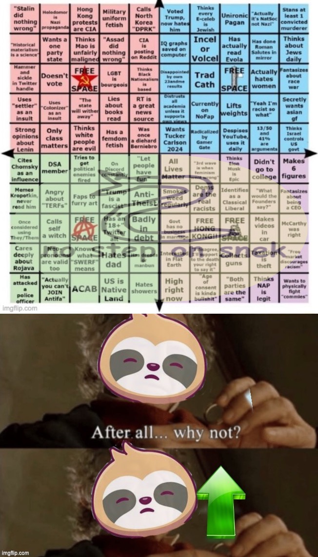 image tagged in political compass bingo,sloth after all why not | made w/ Imgflip meme maker