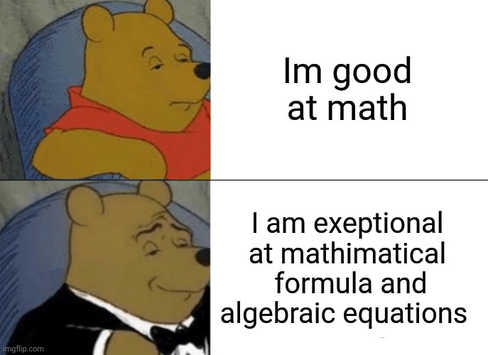 Smort | Im good at math; I am exeptional at mathimatical  formula and algebraic equations | image tagged in memes,tuxedo winnie the pooh | made w/ Imgflip meme maker