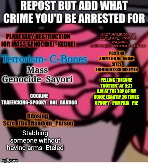 YELLING "BEGONE THOTTER" AT 3:27 A.M AT THE TOP OF MY VOICE EXACTLY 26 TIMES
SPOOPY_PUMPKIN_PIE | made w/ Imgflip meme maker