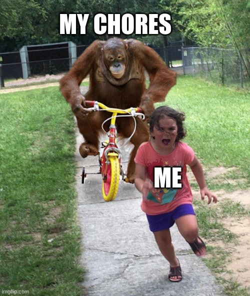 chores rly do suck | MY CHORES; ME | image tagged in orangutan chasing girl on a tricycle | made w/ Imgflip meme maker