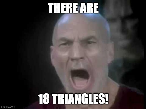 Picard Four Lights | THERE ARE; 18 TRIANGLES! | image tagged in picard four lights | made w/ Imgflip meme maker