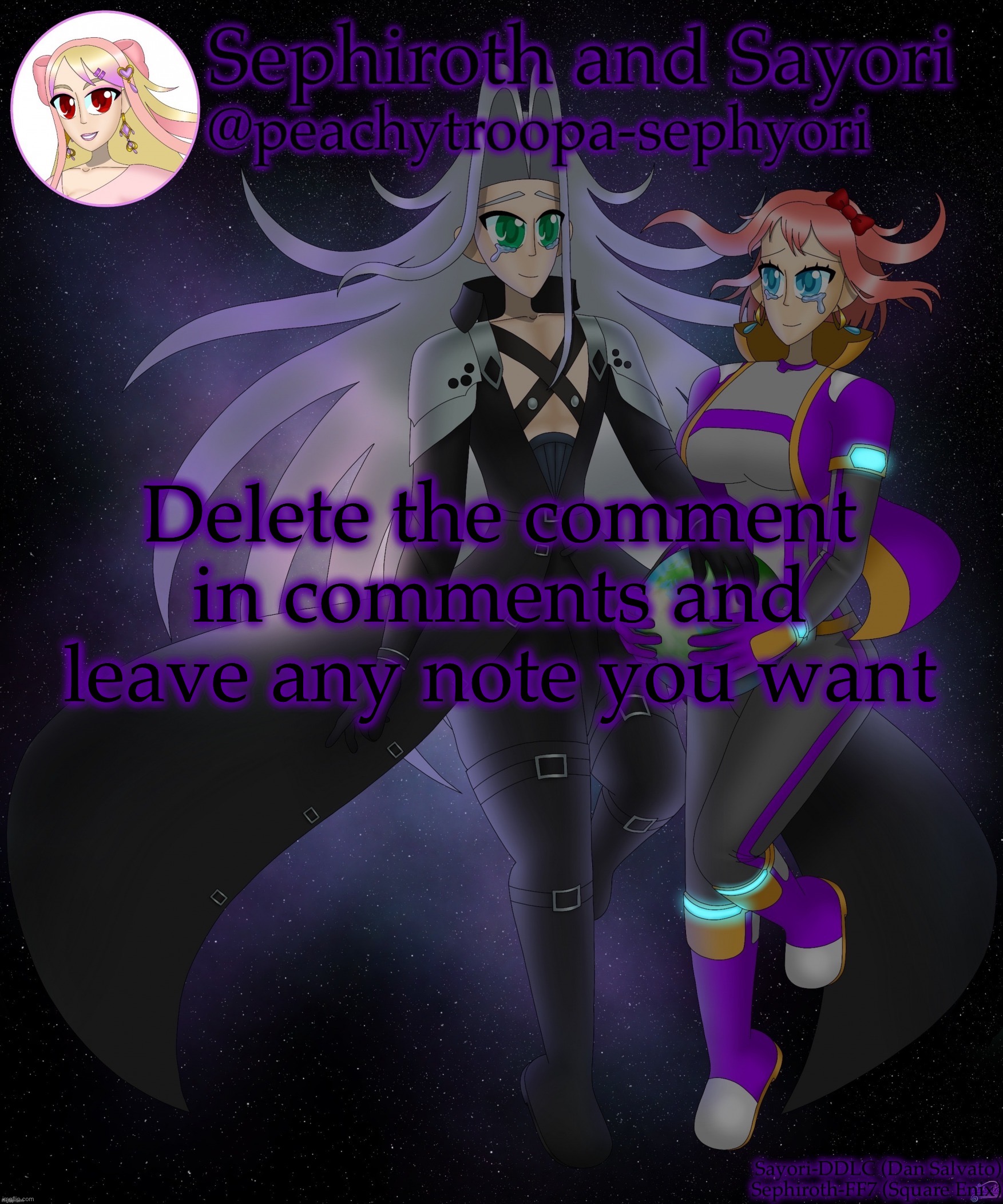 Sayori and Sephiroth | Delete the comment in comments and leave any note you want | image tagged in sayori and sephiroth | made w/ Imgflip meme maker