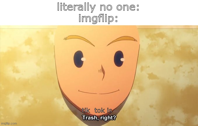 imgflip be like: | literally no one:
imgflip:; tik  tok is | image tagged in trash right,tik tok,memes,funny | made w/ Imgflip meme maker