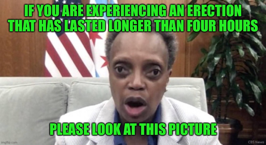 Mayor Lori Lightfoot | IF YOU ARE EXPERIENCING AN ERECTION THAT HAS LASTED LONGER THAN FOUR HOURS; PLEASE LOOK AT THIS PICTURE | image tagged in mayor lori lightfoot | made w/ Imgflip meme maker