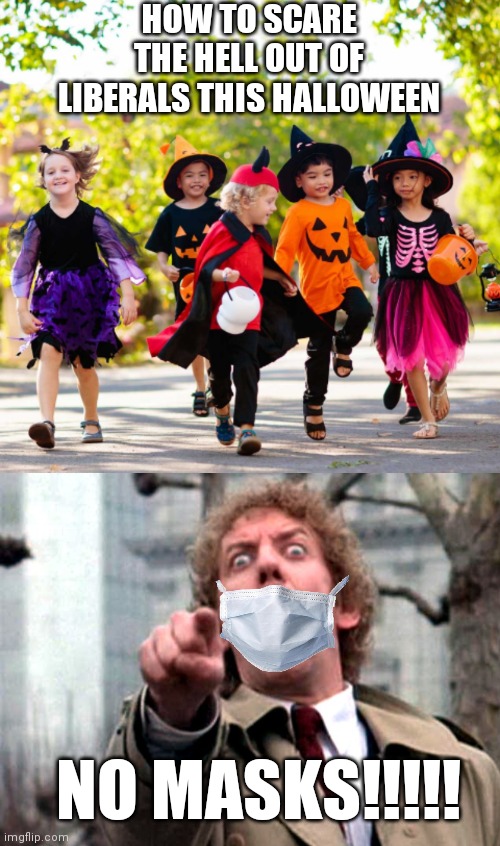 HOW TO SCARE THE HELL OUT OF LIBERALS THIS HALLOWEEN; NO MASKS!!!!! | image tagged in donald sutherland invasion of the body snatchers | made w/ Imgflip meme maker