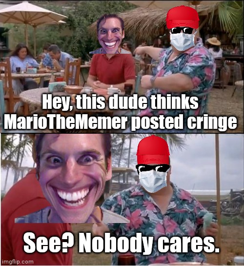 See Nobody Cares Meme | Hey, this dude thinks MarioTheMemer posted cringe; See? Nobody cares. | image tagged in memes,see nobody cares | made w/ Imgflip meme maker