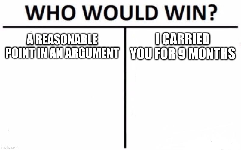 Who Would Win? | A REASONABLE POINT IN AN ARGUMENT; I CARRIED YOU FOR 9 MONTHS | image tagged in memes,who would win | made w/ Imgflip meme maker