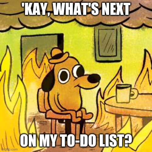 Dog in burning house | 'KAY, WHAT'S NEXT; ON MY TO-DO LIST? | image tagged in dog in burning house | made w/ Imgflip meme maker