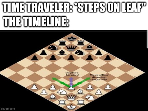 The timeline | TIME TRAVELER: *STEPS ON LEAF"; THE TIMELINE: | image tagged in blank white template | made w/ Imgflip meme maker