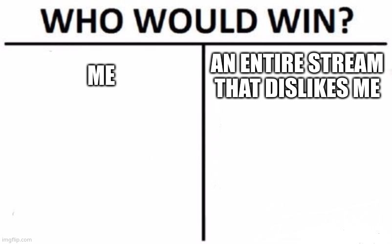 Who Would Win? | ME; AN ENTIRE STREAM THAT DISLIKES ME | image tagged in memes,who would win | made w/ Imgflip meme maker