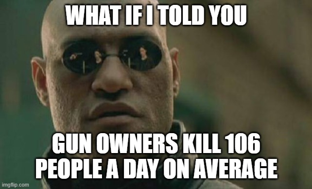 Matrix Morpheus Meme | WHAT IF I TOLD YOU GUN OWNERS KILL 106 PEOPLE A DAY ON AVERAGE | image tagged in memes,matrix morpheus | made w/ Imgflip meme maker
