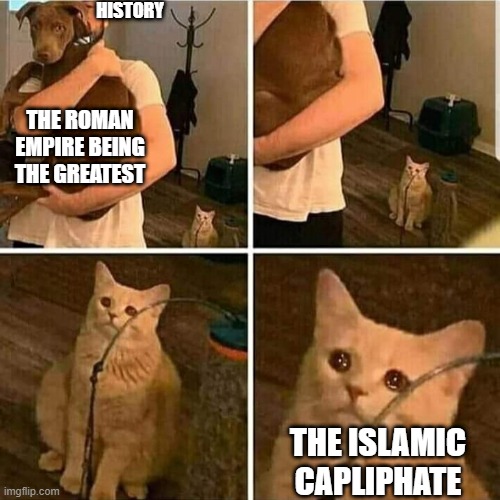 Sad Cat Holding Dog | HISTORY; THE ROMAN EMPIRE BEING THE GREATEST; THE ISLAMIC CAPLIPHATE | image tagged in sad cat holding dog | made w/ Imgflip meme maker