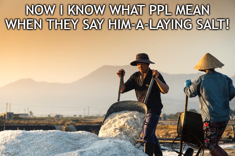 salt | NOW I KNOW WHAT PPL MEAN WHEN THEY SAY HIM-A-LAYING SALT! | image tagged in salt | made w/ Imgflip meme maker