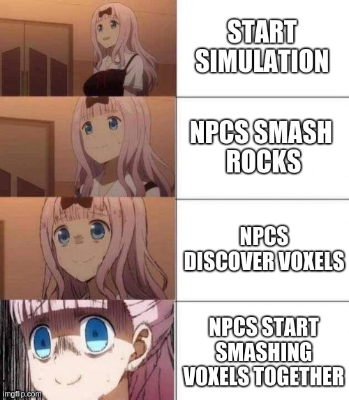 chika template | START SIMULATION; NPCS SMASH 
ROCKS; NPCS DISCOVER VOXELS; NPCS START SMASHING VOXELS TOGETHER | image tagged in chika template,physicsmemes | made w/ Imgflip meme maker